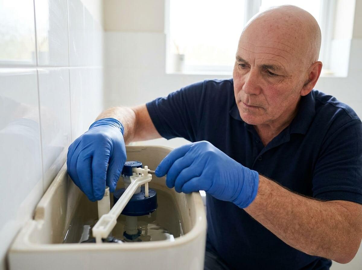 Philip adjusting the fill valve and float arm inside an open toilet cistern