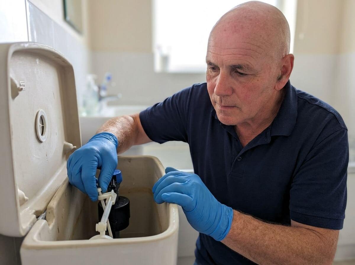 Philip adjusting the float valve inside a toilet cistern