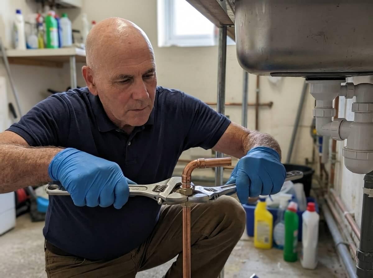 Philip tightening a copper pipe fitting with two adjustable spanners