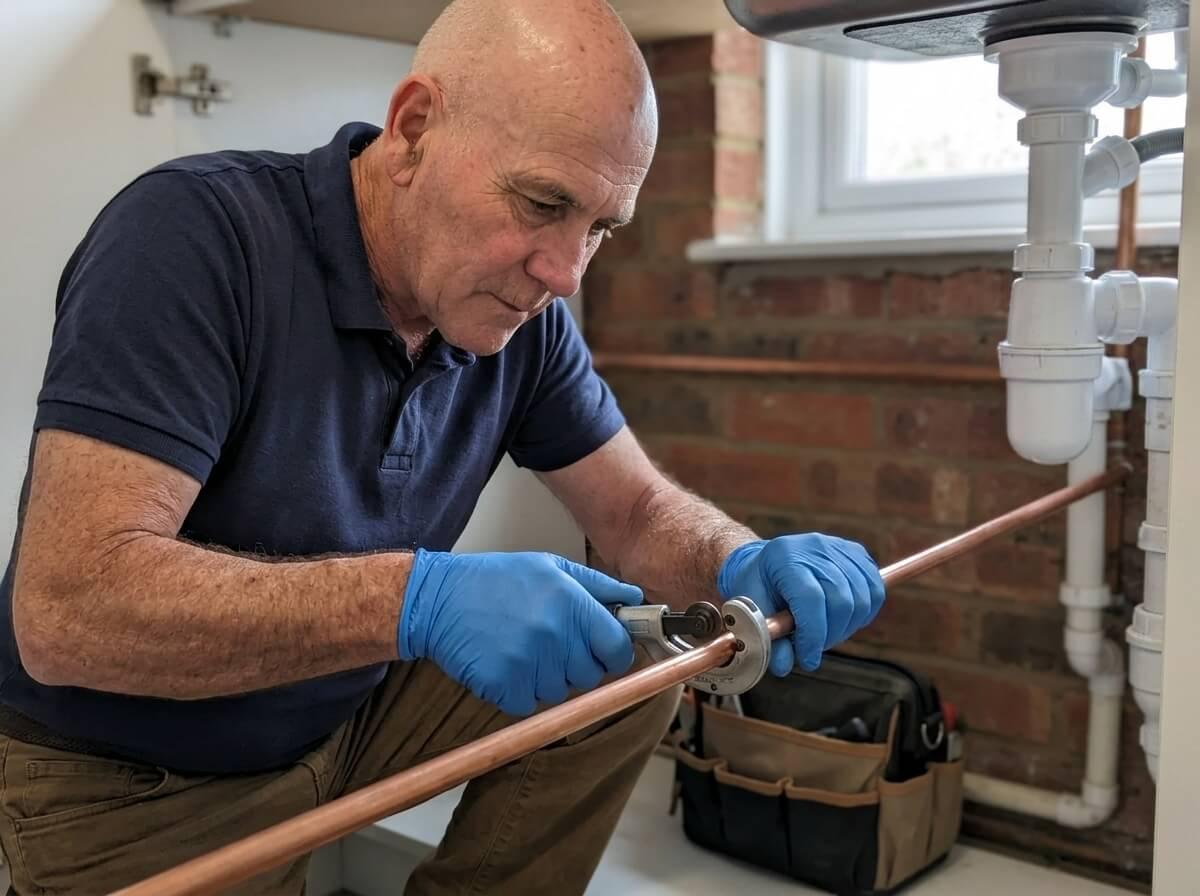 Philip in blue gloves cutting a length of new copper water pipe with a pipe cutter in a kitchen