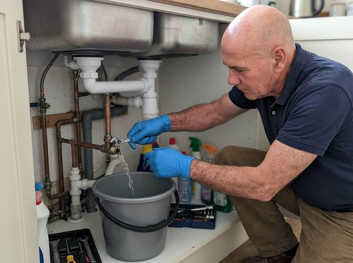Philip draining water from a pipe into a bucket under a kitchen sink