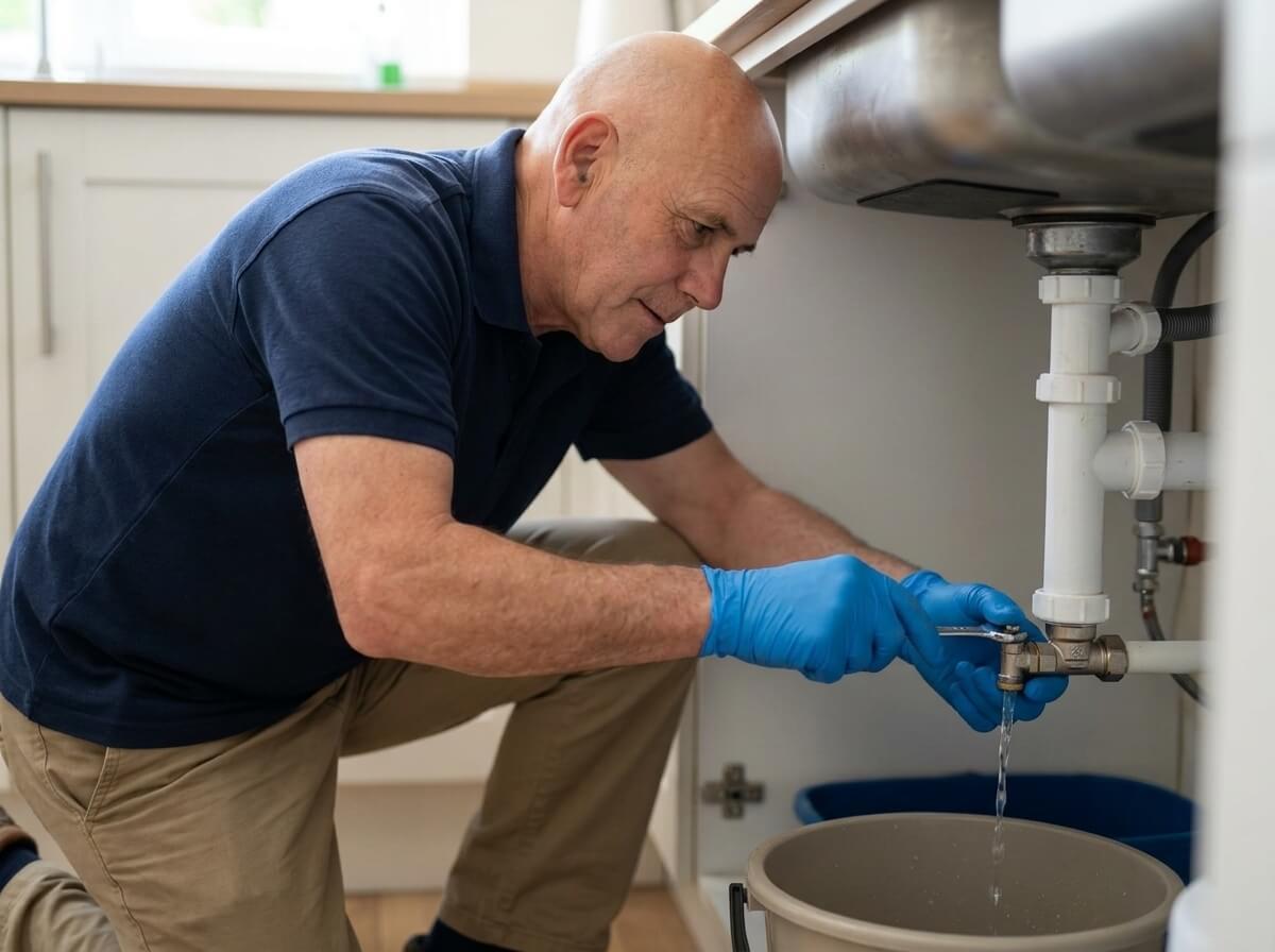 Philip opening a drain off valve on copper pipework under a kitchen sink and draining the water into a bucket
