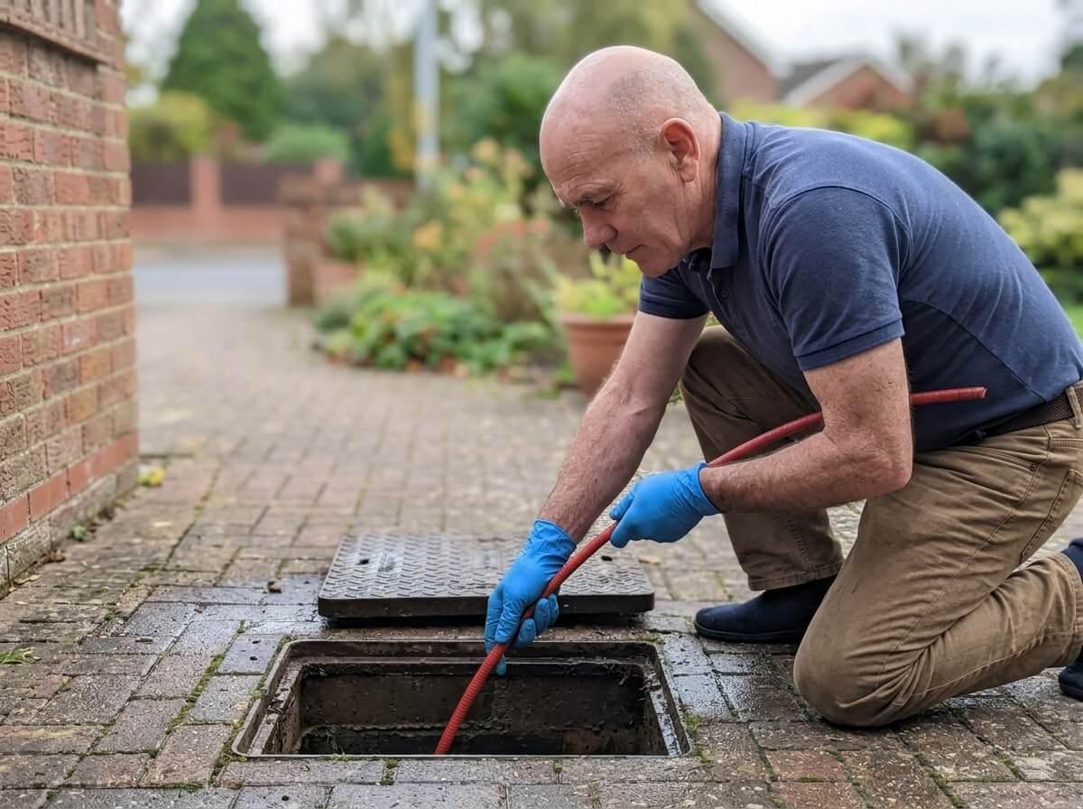 Philip rodding a blocked drain on a brick path