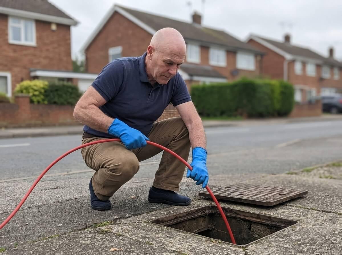 Philip feeding a drain rod into an open inspection chamber outside a row of houses
