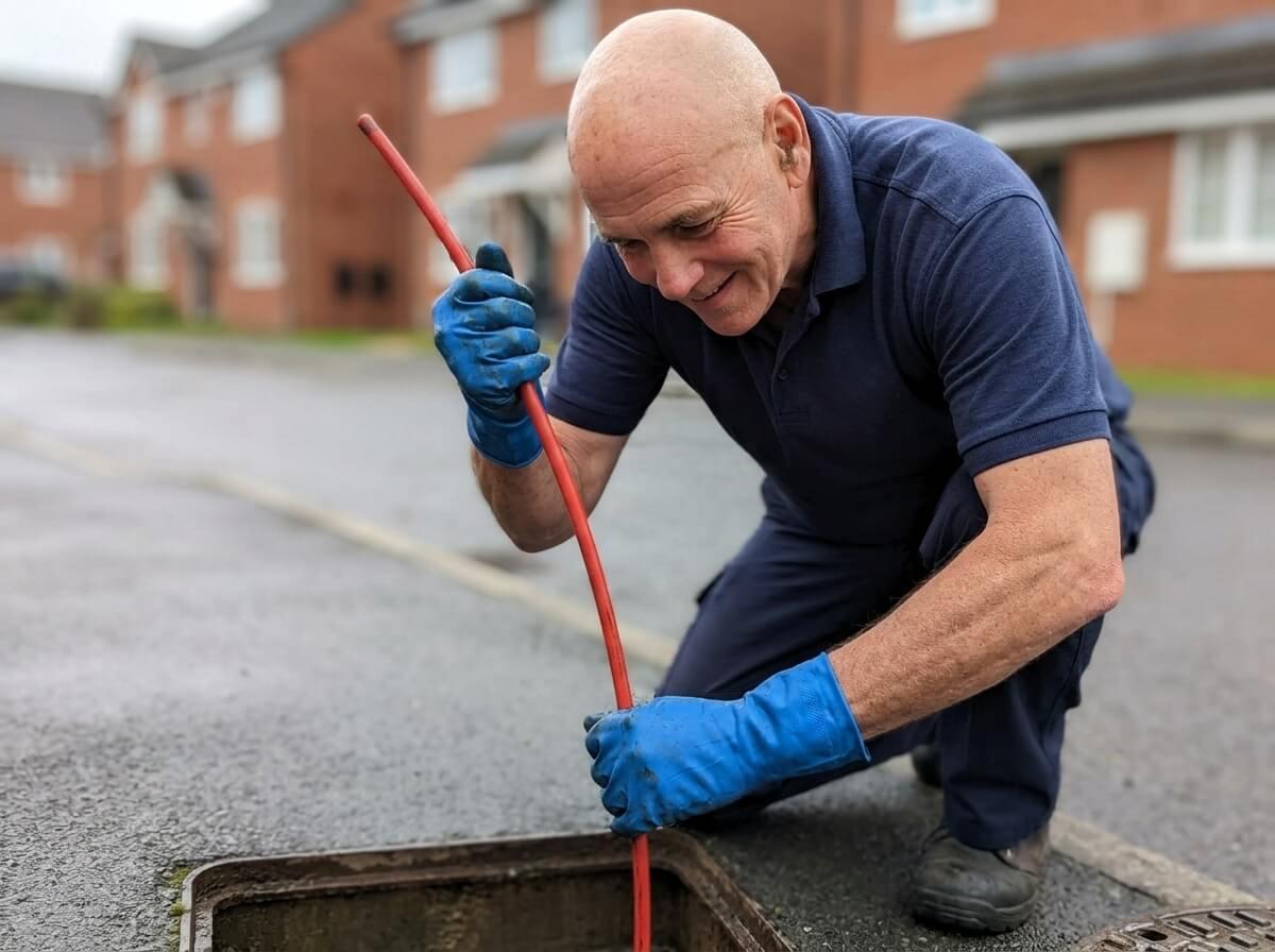 Philip working a drain rod down into an inspection chamber on a residential street