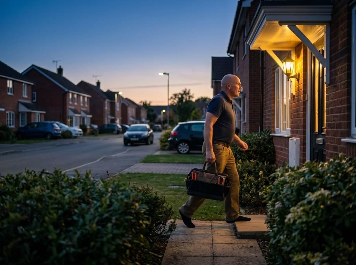 Philip walking up a garden path to a job