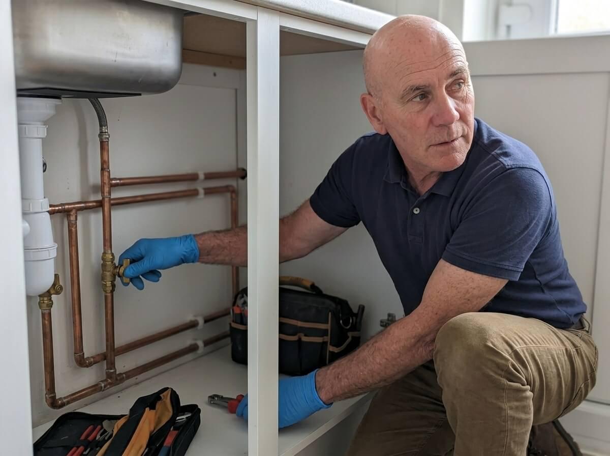 Philip inspecting pipework for a hidden leak
