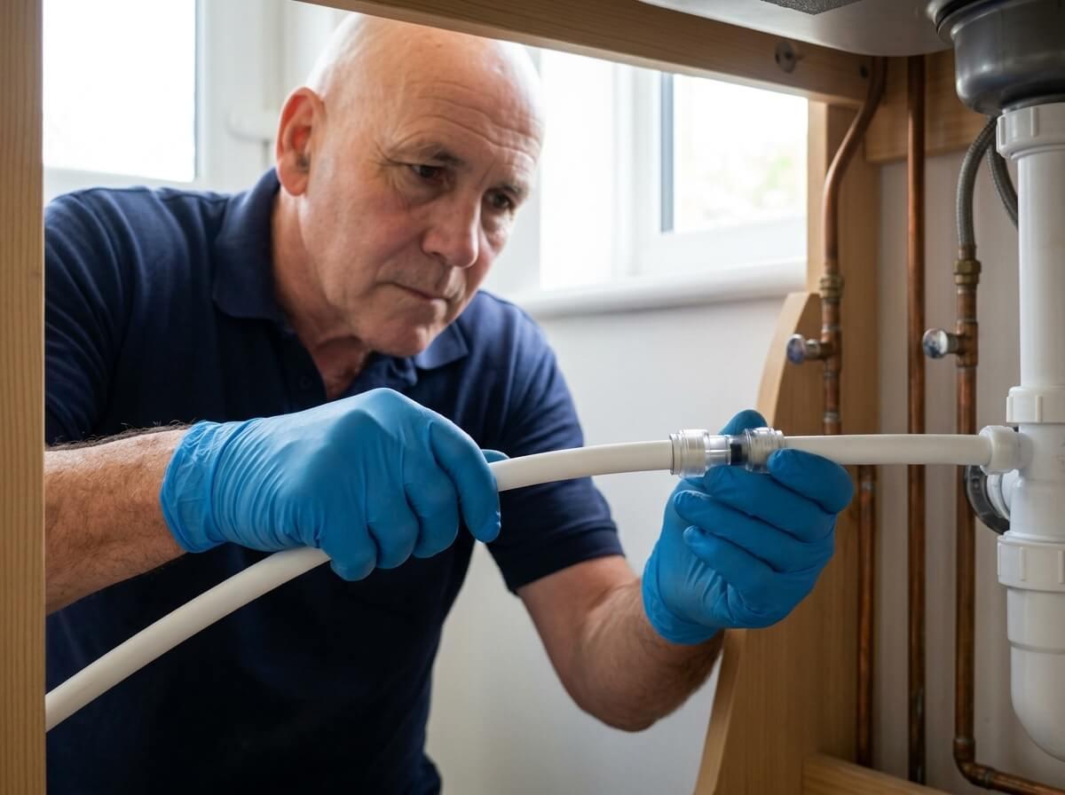 Philip pushing a length of white plastic pipe fully into a push-fit coupler under a sink
