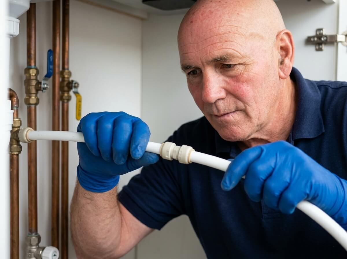 Philip checking a push-fit joint on a new section of plastic water pipe for leaks before the water is turned back on