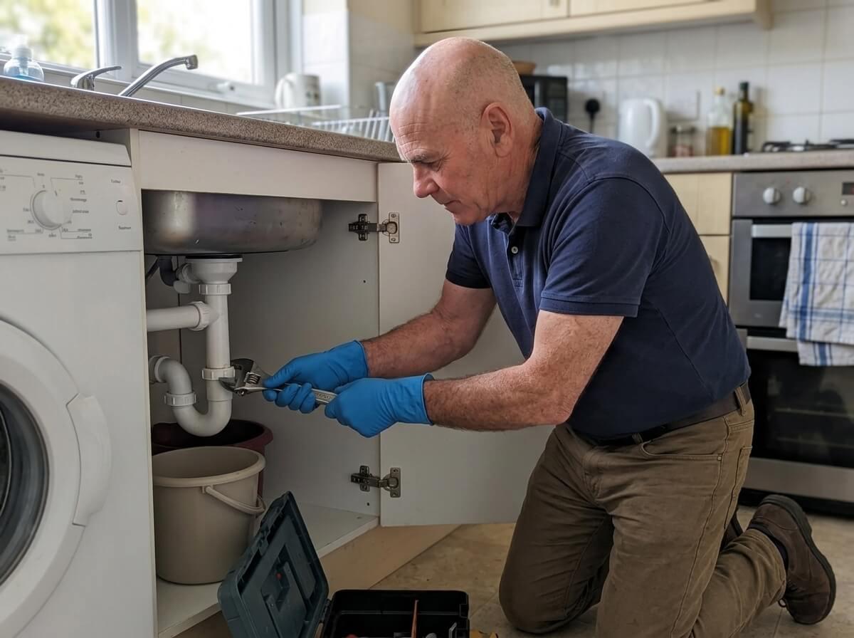 Philip repairing pipework under a kitchen sink