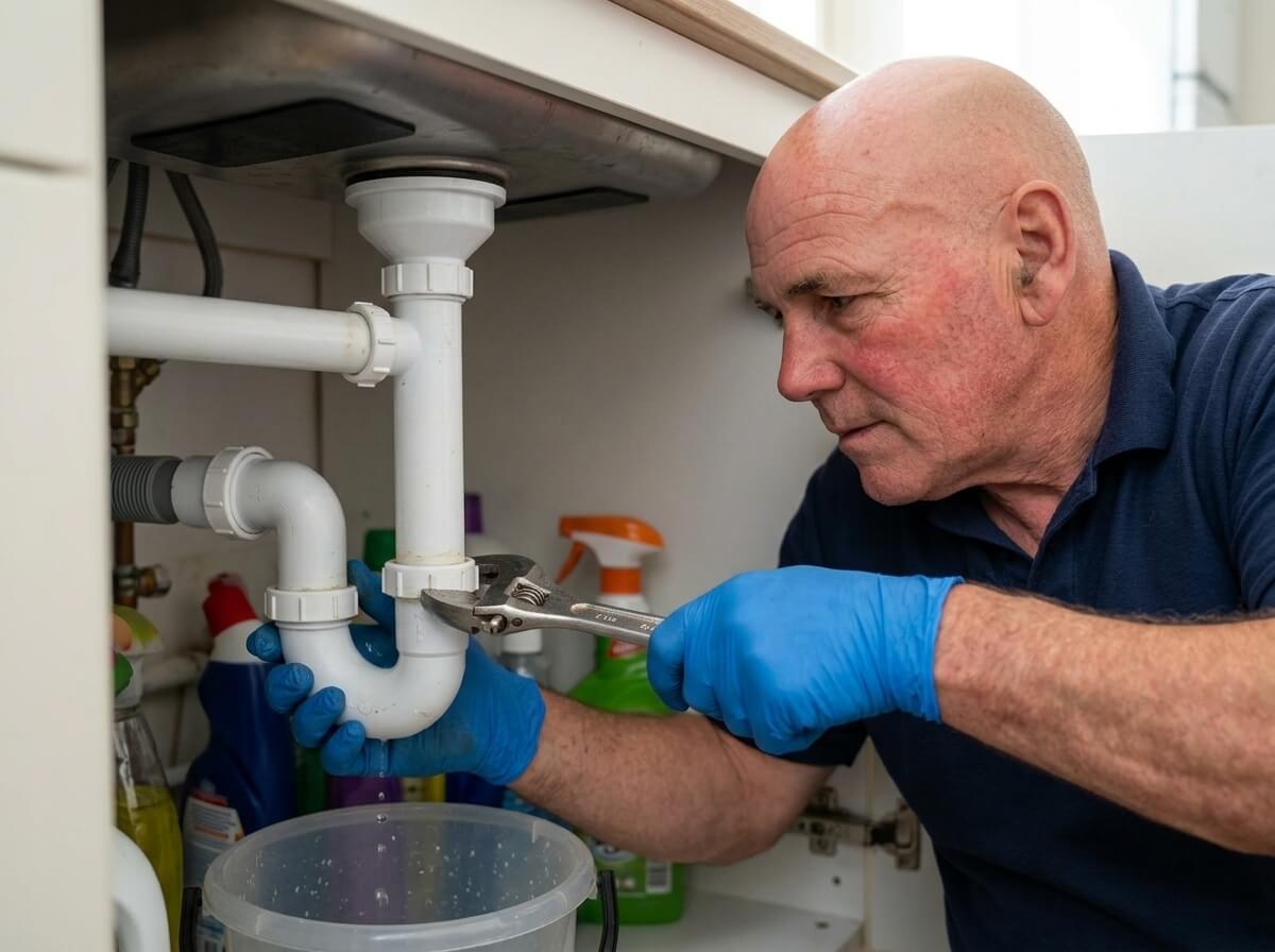 Philip checking the plastic trap and waste pipe under a kitchen sink with a bucket underneath