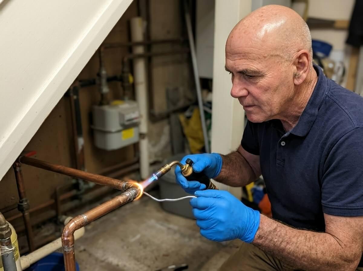 Philip soldering a joint on copper pipework running along the wall under the stairs