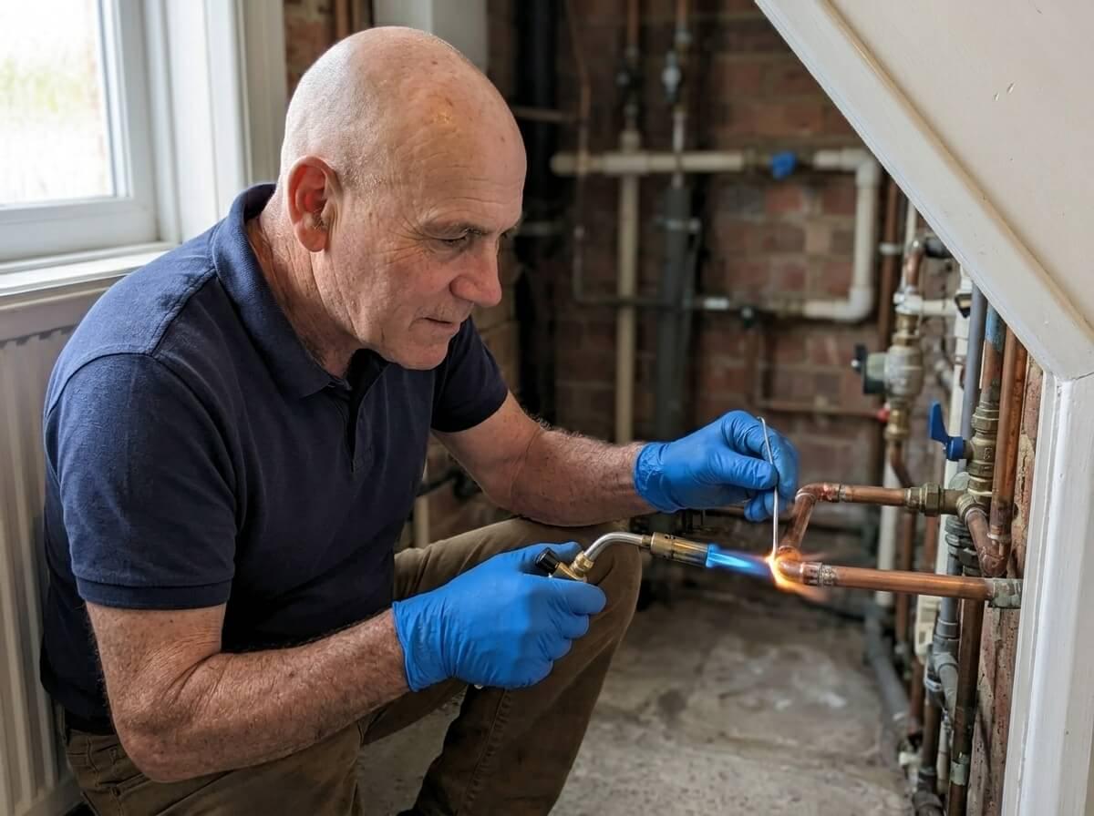 Philip soldering a new copper pipe joint