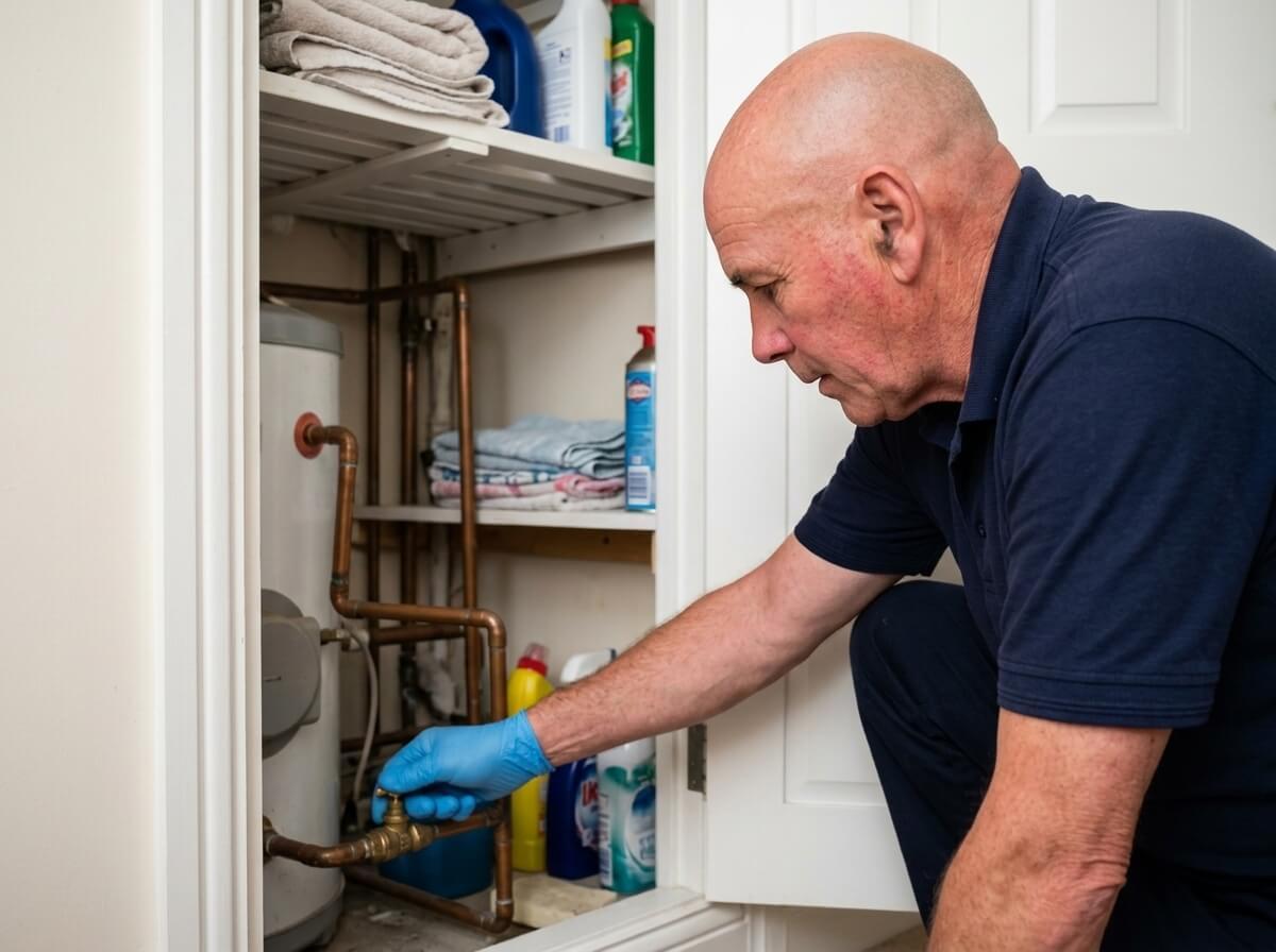 Philip turning off the water at a valve beside a hot water cylinder in an airing cupboard