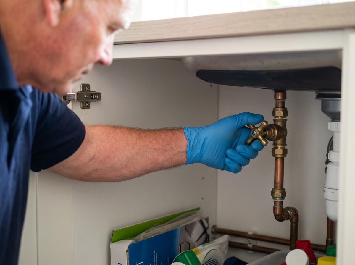 Philip turning an old brass stopcock under a kitchen sink to check it is fully open