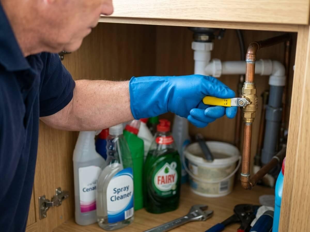 Philip turning a yellow-handled isolation valve on a copper pipe to shut off the water