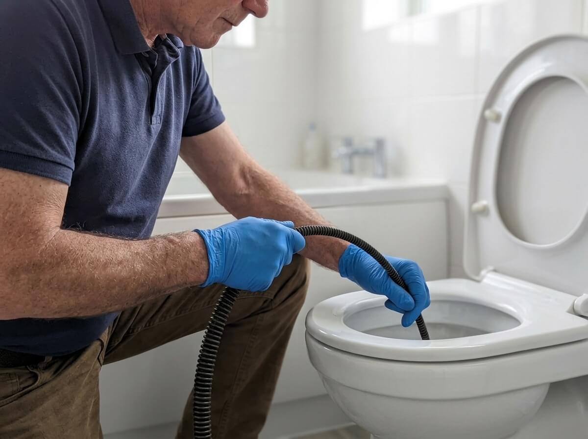 Philip feeding a toilet auger into a toilet pan to clear a partial blockage