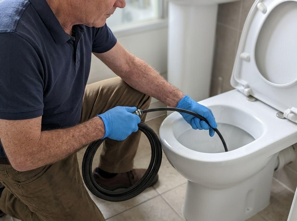 Philip in blue gloves holding a coiled drain auger cable and feeding it into a toilet bowl in a tiled bathroom