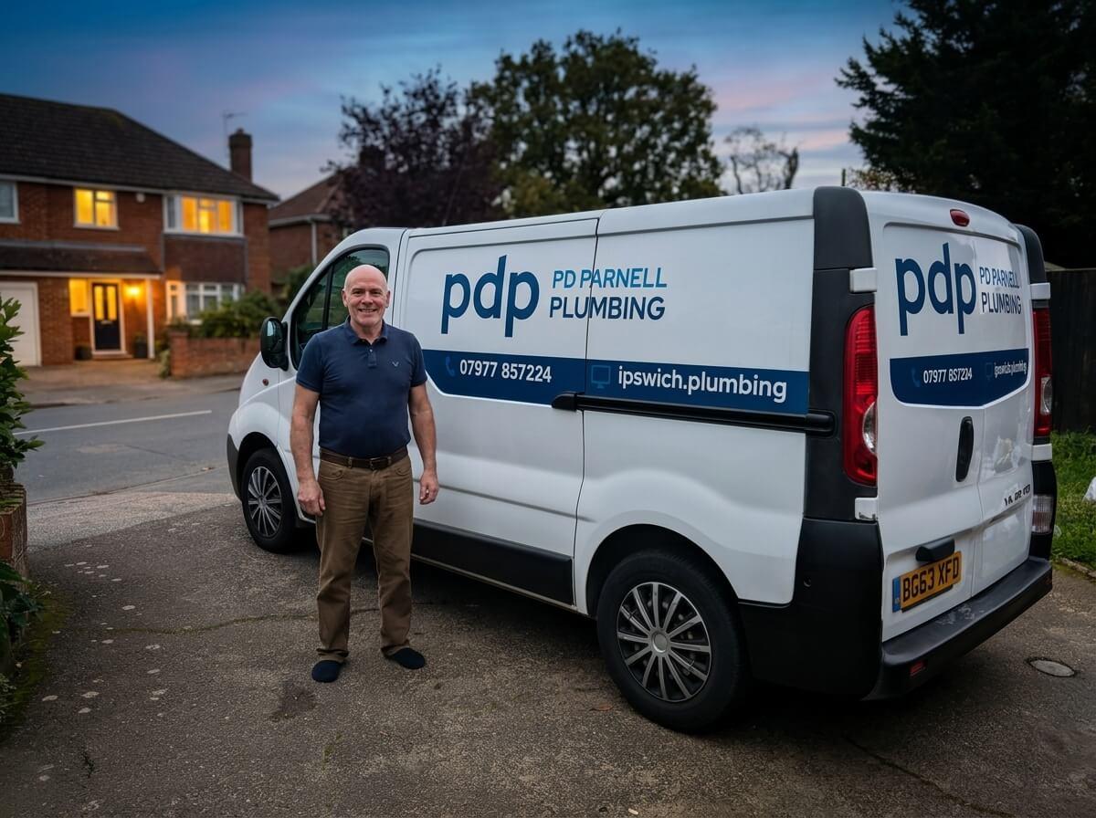 Philip beside his liveried van at dusk