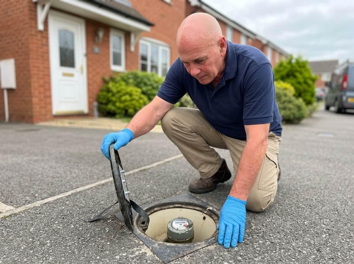 Philip lifting the cover of a water meter chamber on a driveway to check for a leak on the supply pipe outside a house