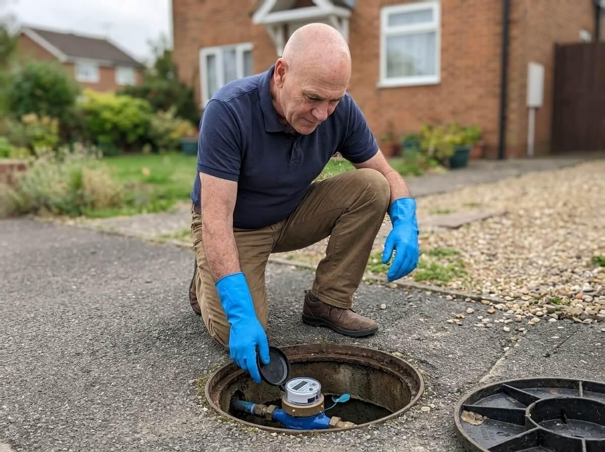 Philip checking a water meter on a blue plastic supply pipe in an open chamber at the edge of a front drive
