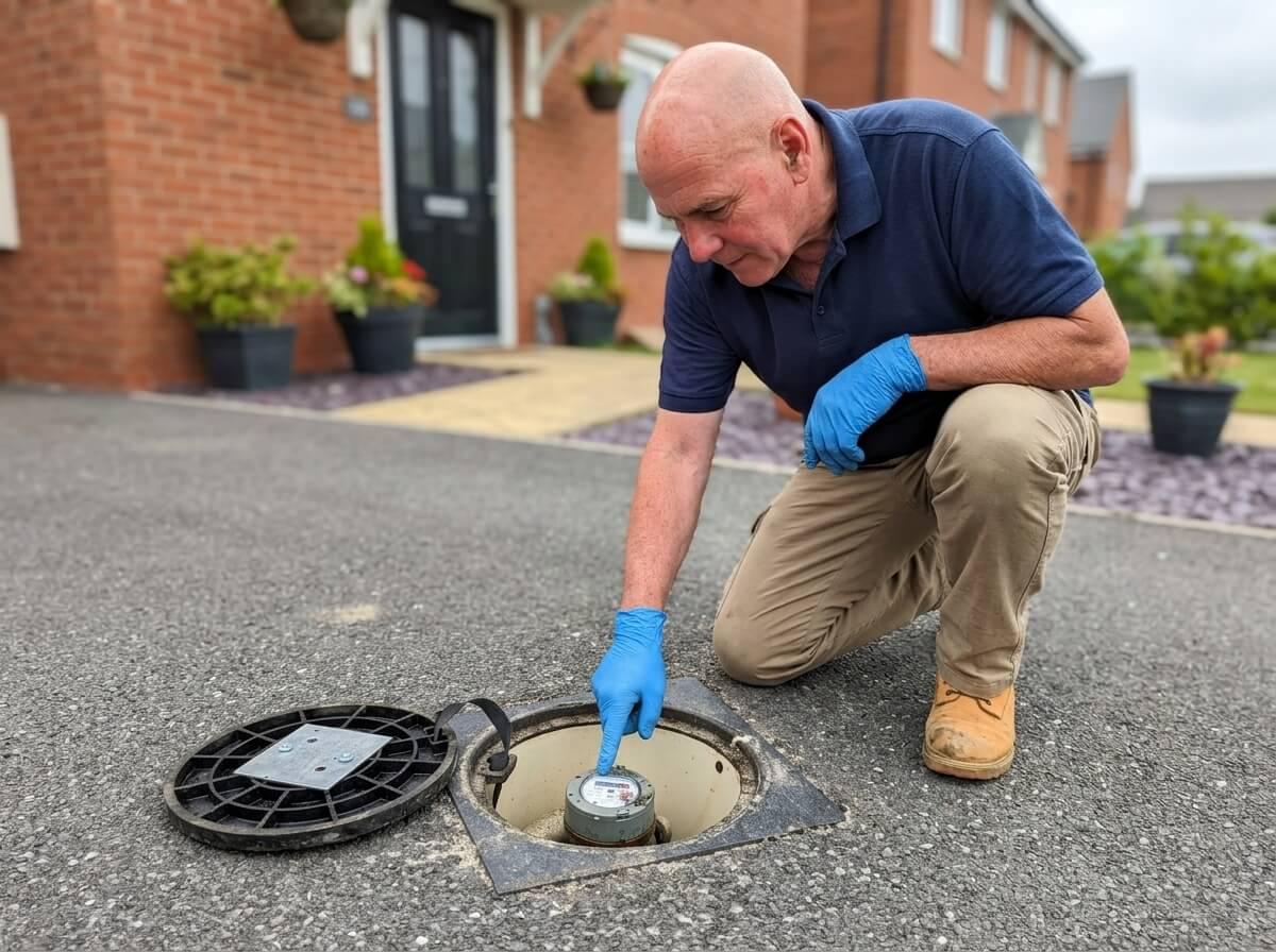 Philip checking a water meter in the outside stop tap chamber on a driveway
