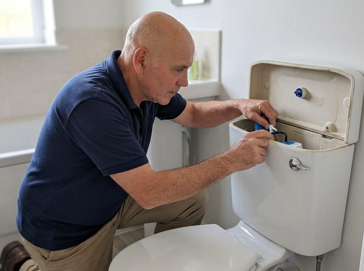 Philip repairing a toilet cistern