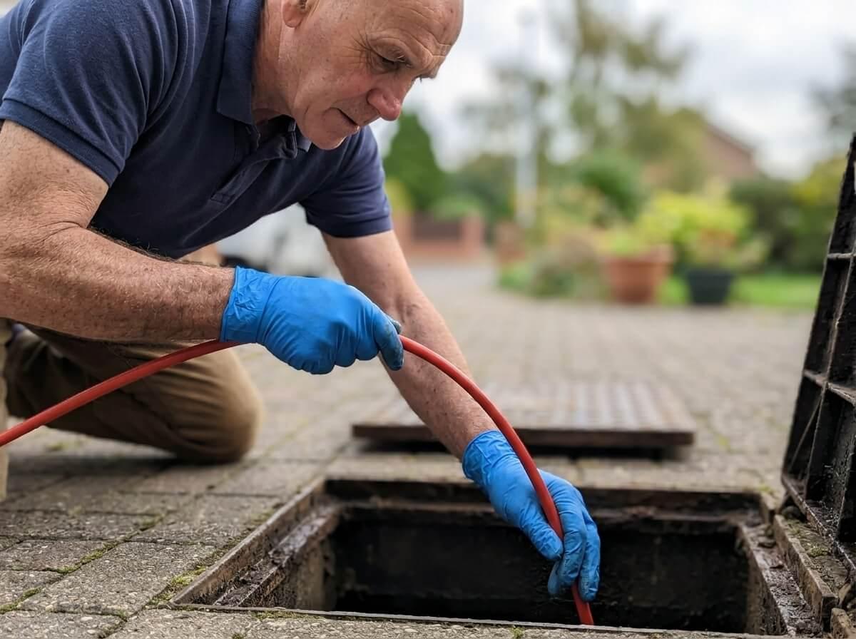 Philip clearing a blocked drain on a driveway
