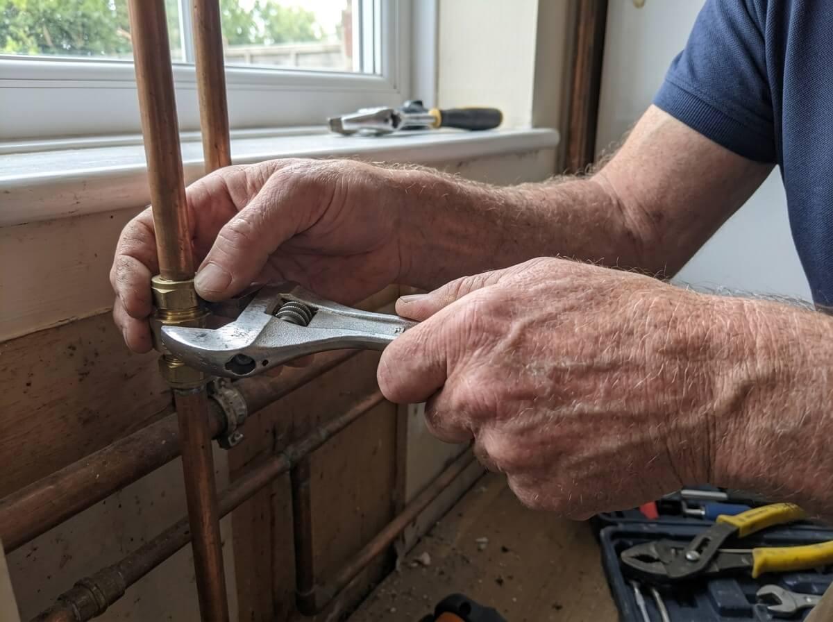 Philip's hands on the tools, mid-repair