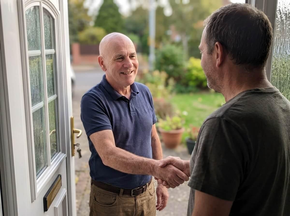 Philip shaking hands with a customer at the door