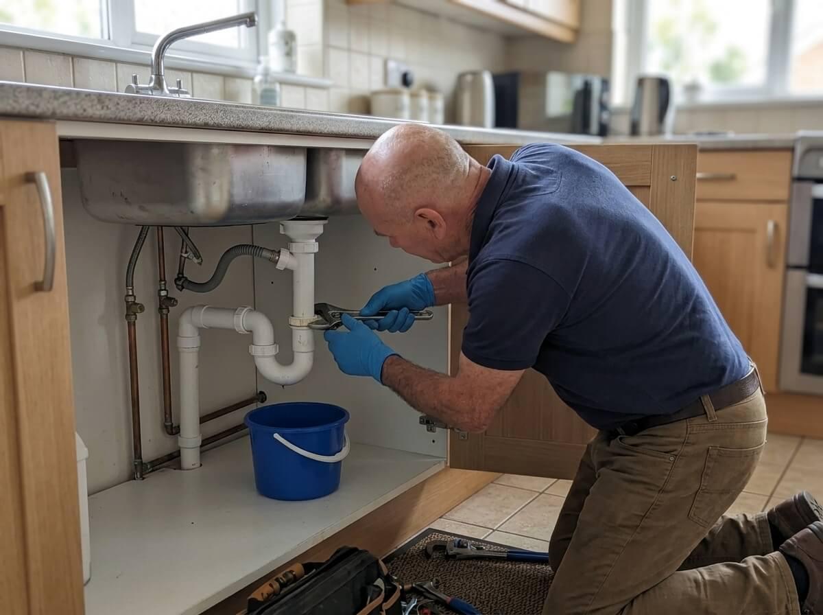 Philip working under a kitchen sink