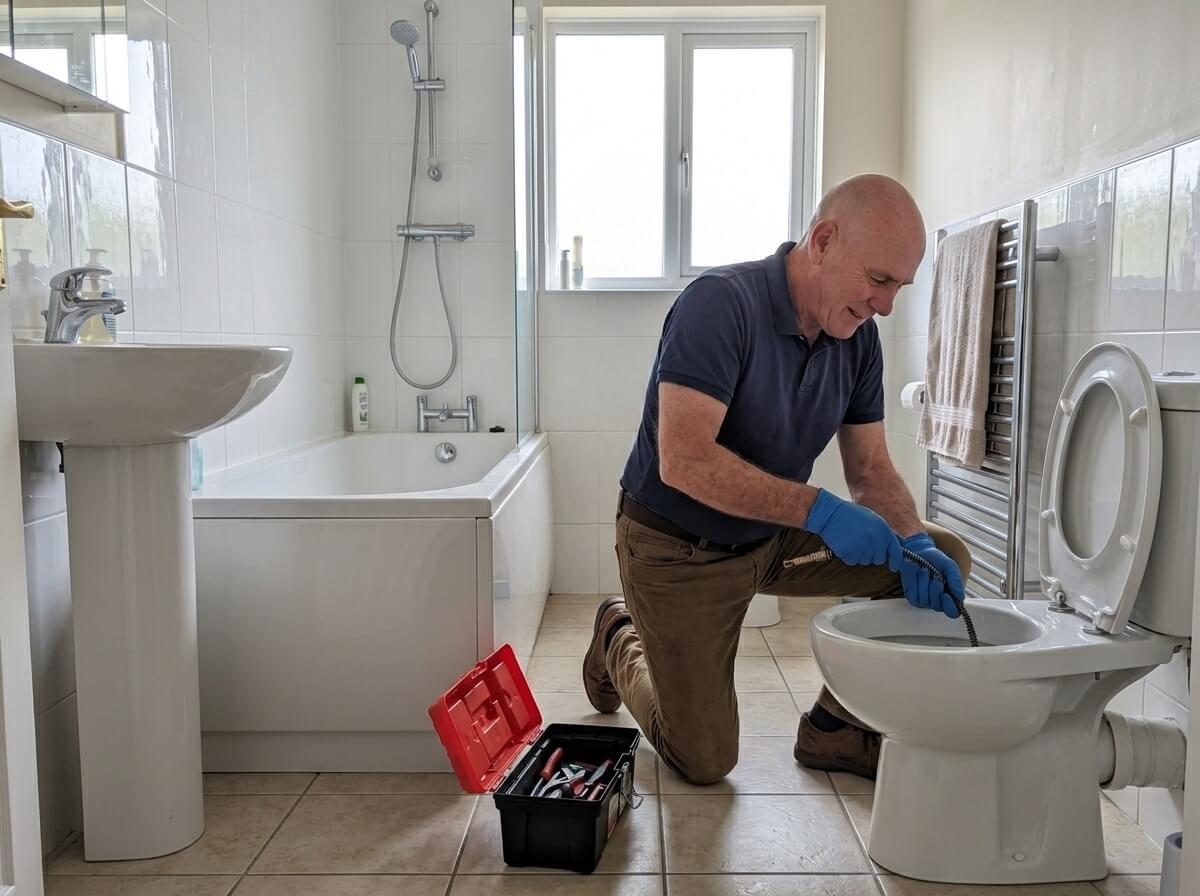 Philip clearing a blocked toilet with a drain auger