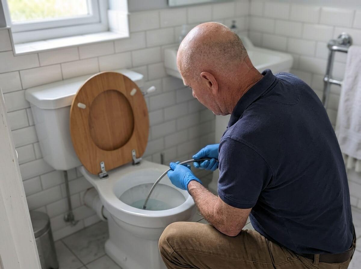Philip clearing a blocked toilet with a drain auger